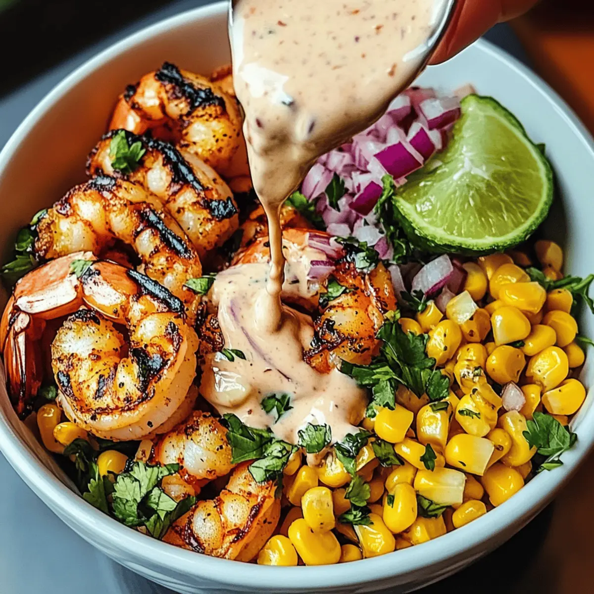 Grilled Shrimp Bowl with Corn Salsa & Creamy Sauce