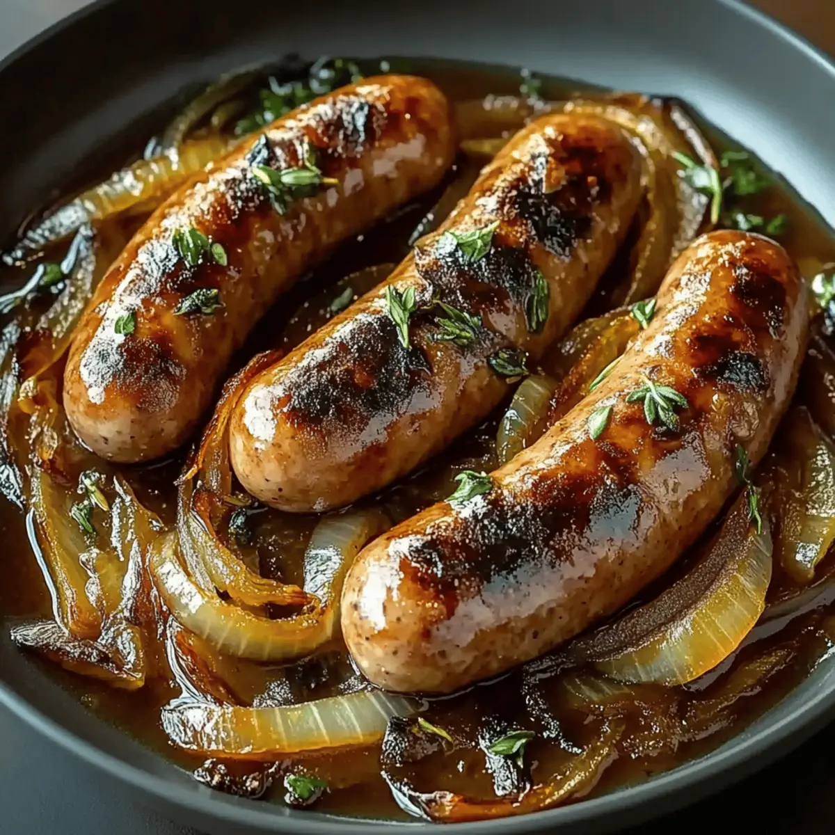 Oven Braised Beer Brats with Caramelized Onions