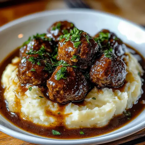 Salisbury Steak Meatballs With Garlic Herb Mashed Potatoes
