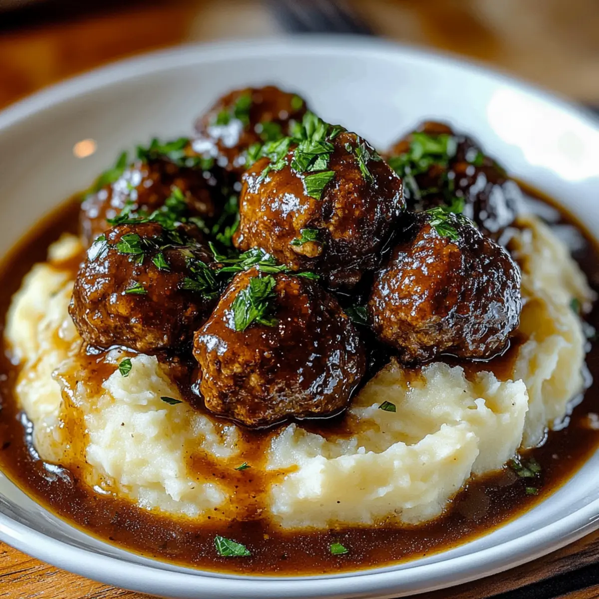 Salisbury Steak Meatballs With Garlic Herb Mashed Potatoes