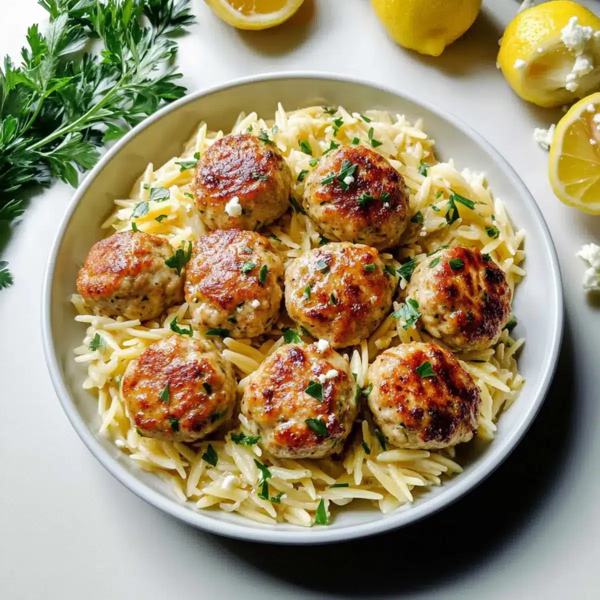 Greek Chicken Meatballs with Lemon Orzo