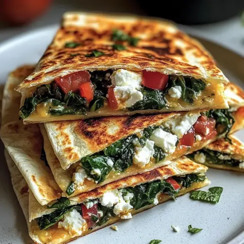 Mediterranean Quesadillas with Spinach, Feta, Mozzarella, and Red Onion