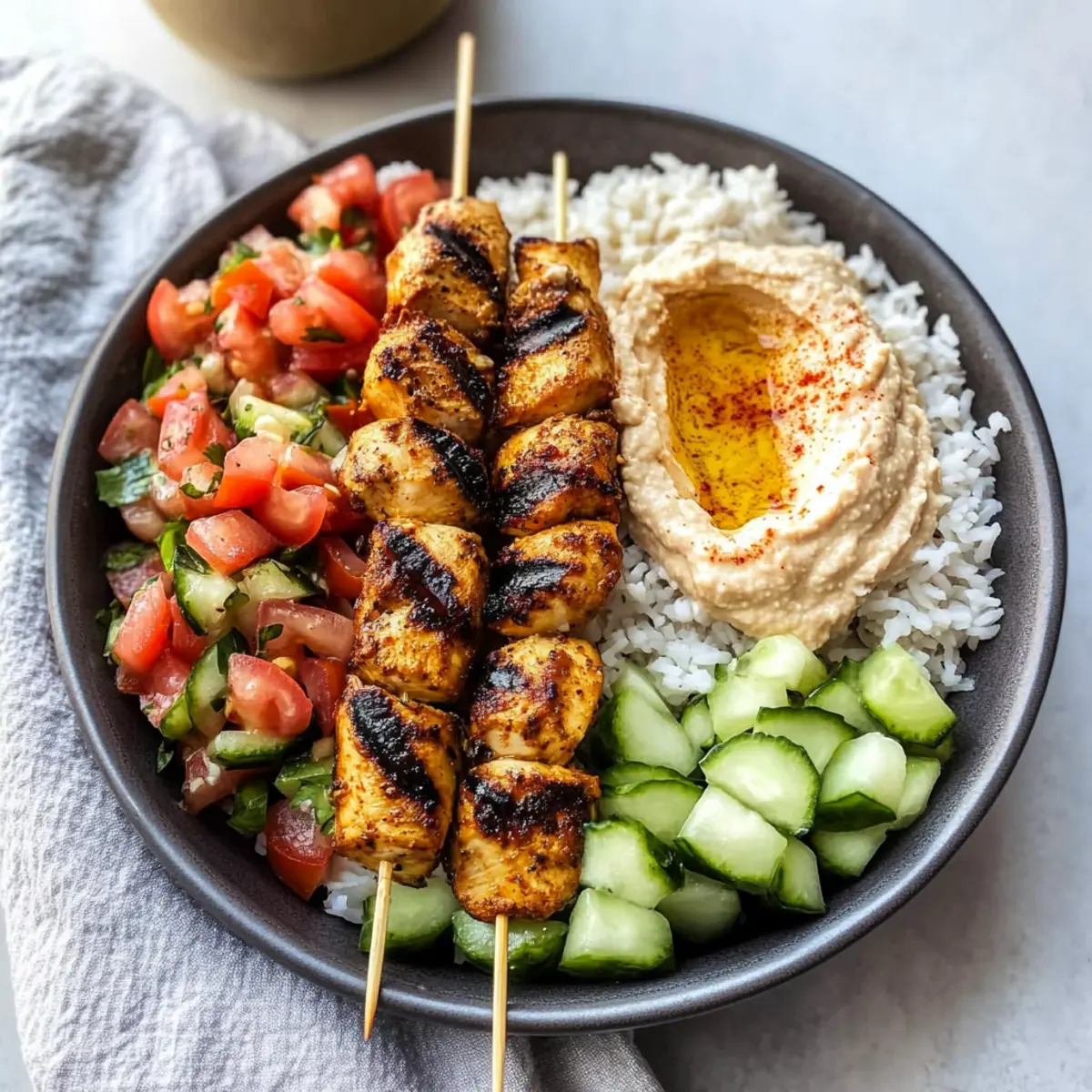Mediterranean Rice Bowl with Grilled Chicken Tawook Skewers