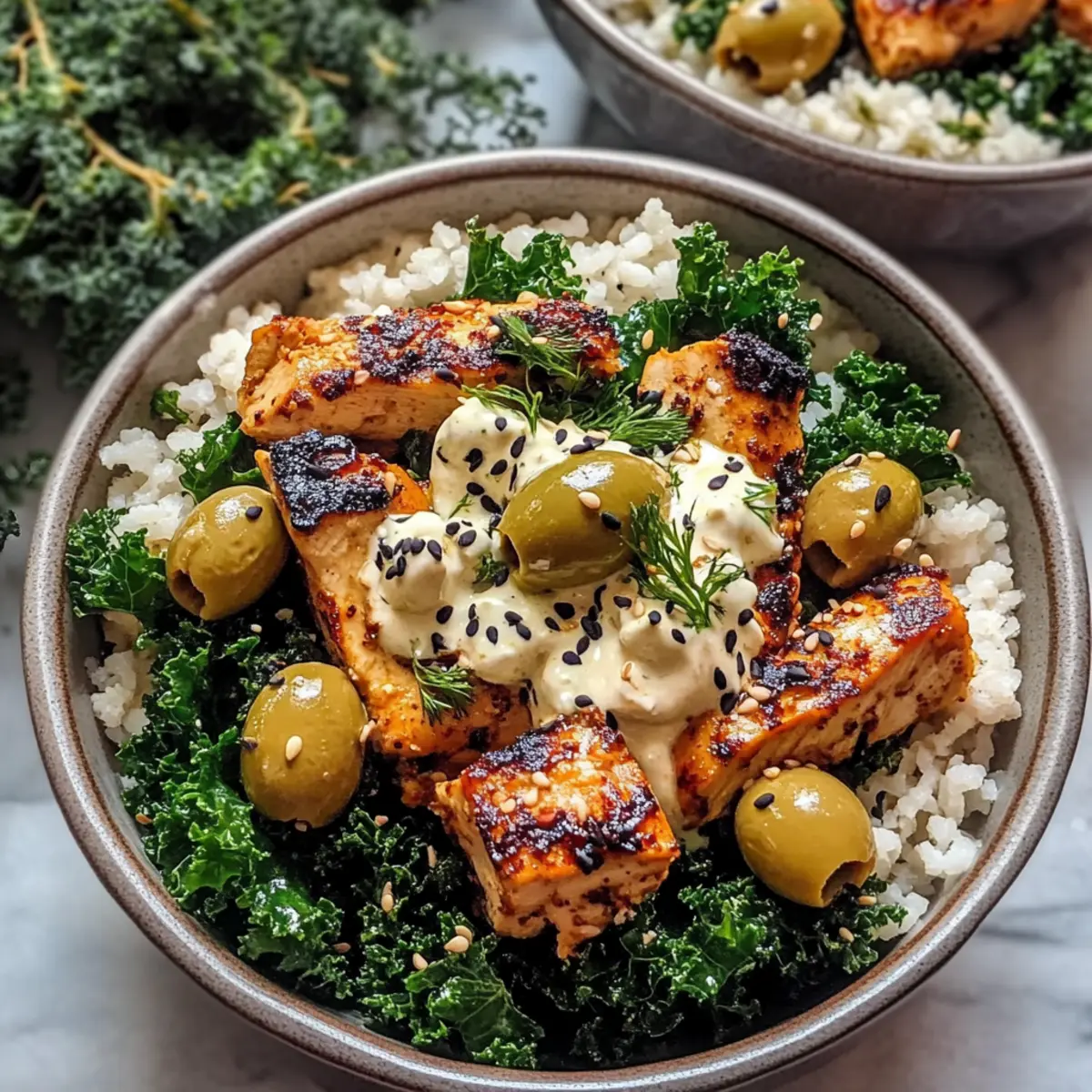 Greek Chicken Bowls with Creamy Tahini Feta Sauce