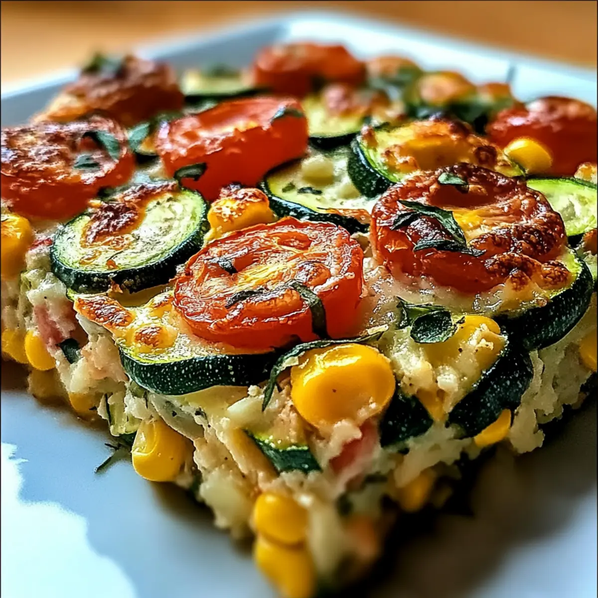 Cheesy Zucchini Corn Tomato Bake with Parmesan Crust