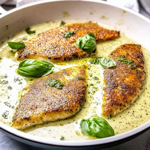 Pan fried tilapia bathed in pesto cream sauce
