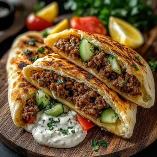 Greek Beef Stuffed Pita with Lemon Garlic Yogurt