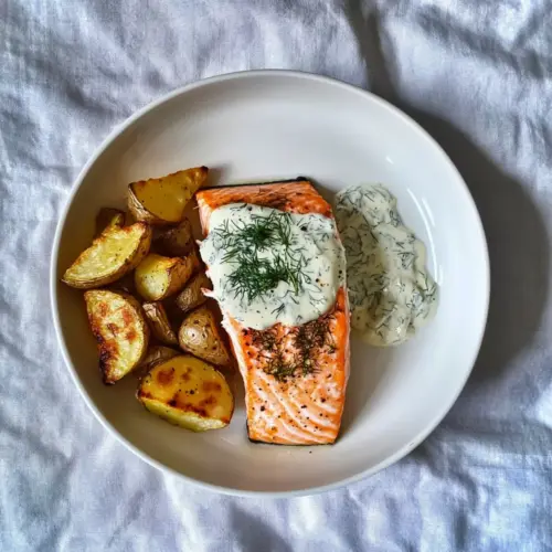 Dill salmon with potato wedges