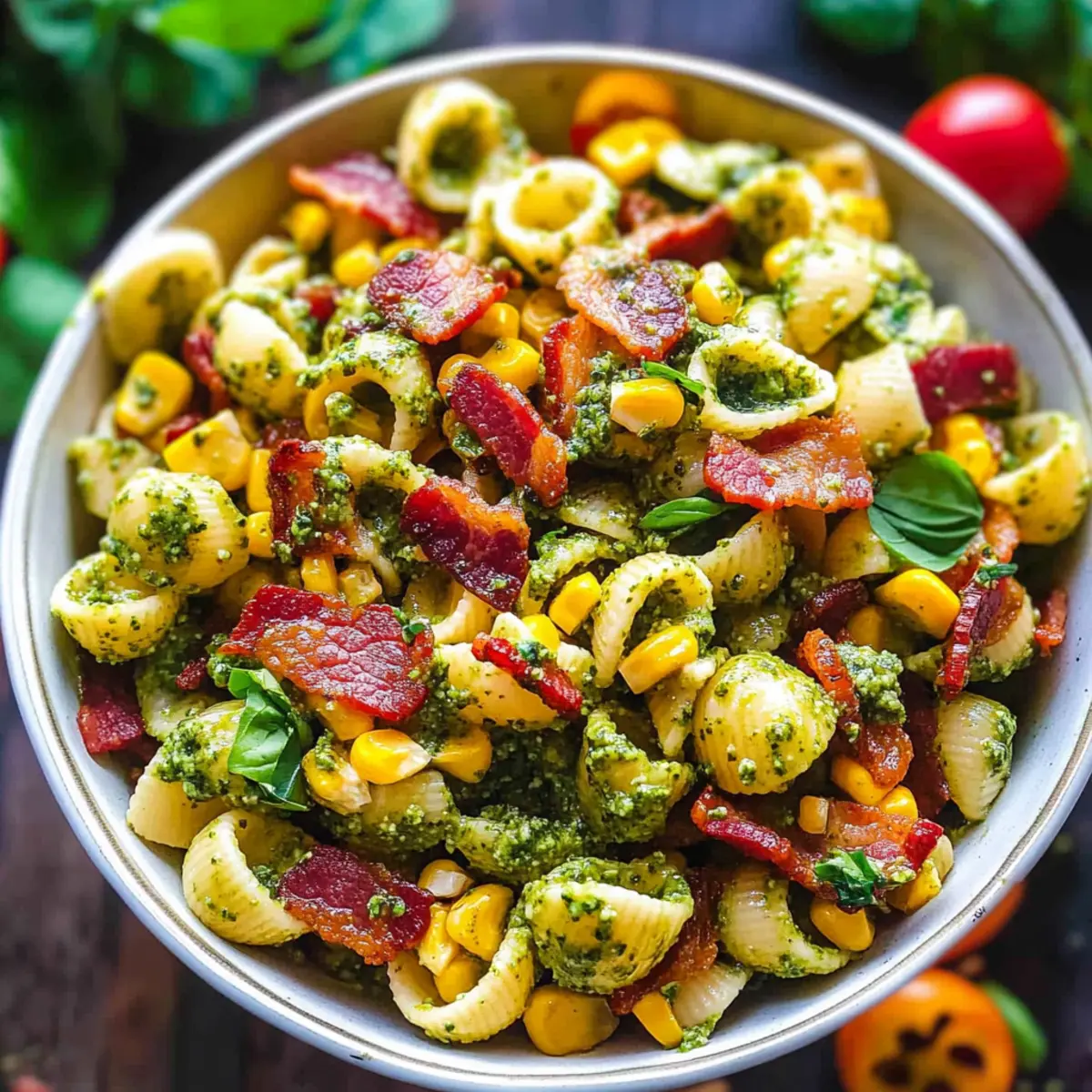 Corn Pasta Salad with Bacon and Creamy Pesto Dressing